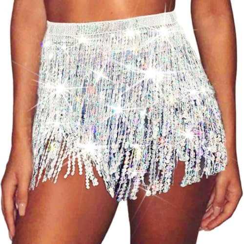 Evlry Paillette Fringe Mini Röcke Sparkly Belly Tassel Rave Kostüm Festvial Shorts für Damen (Silber)