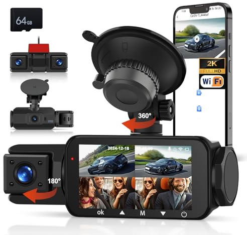 CAMECHO 4 Lens 2K/1080P Mini Dash CAM, 4 Canales de Vigilancia de Movimiento con Pantalla de 3, WiFi y GPS, ADAS, Super Visión Nocturna, Grabación en Bucle, Aparcamiento 24 Horas + 64GB TF Tarjeta