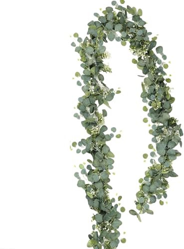 ClcIosis 1 Stück Eukalyptus Deko Girlande 1,8m Blumengirlande Frühling Für Innen Außen Künstliche Eukalyptus Girlande Mit Haken Realistisch Pflegeleich Deko Für Hochzeit Garten Balkon Türkranz (Grün)