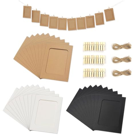 YZROHYI 30 Pièces Guirlande Photo,Cadre Photo Papier Kraft à Décorer,Cadre Photos Carton à Poser avec Pince en Bois et Corde en Jute,Porte Photos Mural,Cadre Mural Decoratif pour DIY Décoration Fête