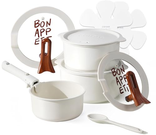 CAROTE Ceramic Pots and Pans Set Non Stick, Nonstick Kitchen Cookware Sets with Lid, 11 Piece Detachable Handle Sauce Pan Set, Non Toxic Cooking Pot, Oven Safe, Induction Ready, Cream White