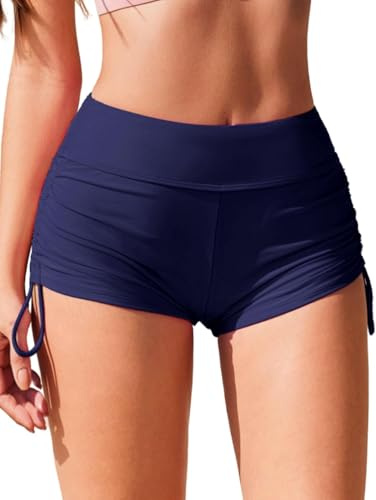 Ekouaer Women Swim Shorts High Waisted Adjustable Ruched Side Tie Bikini Bottoms Swimsuit Board Boy Shorts for Ladies,Navy Blue,M