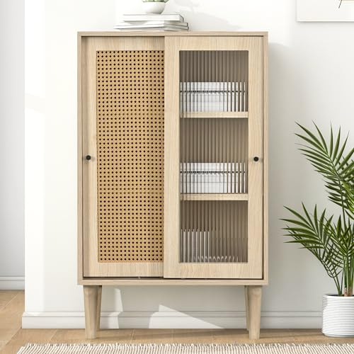 Buffet 60 cm Chêne 100 cm de Haut avec 2 Portes Coulissantes en Verre Cannelé et Rotin PE 6 Compartiments Étagère Ajustable Pieds Bois Charge 30kg Meuble de Rangement Cuisine Salon Entrée Bureau