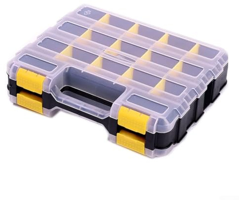 Boîte de rangement à outils double face avec 34 cloisons amovibles en polypropylène pour vis, écrous, boulons et petit matériel - Couvercle transparent, poignée supérieure, 32 x 27 x 8 cm (jaune)