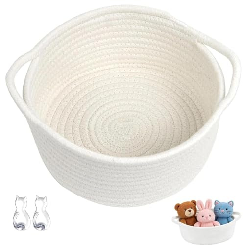 White Cotton Rope Woven Storage Basket with 2 Pcs No Drill Cat Hooks, Empty Gift Basket with Handle for Toy Storage, Pet Supplies, Cosmetics, Towel, Bathroom, Bedroom, Living Room 30x12.5x20CM