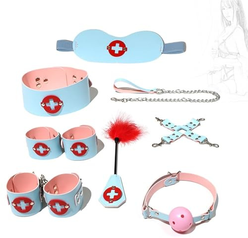 CYGzeon Ensemble De Bondage 8 Pièces Menottes De Bondage Masque for Les Yeux Collier Bâillon Plume Chatouilleur Attaches De Cheville Ensemble De Retenue Bouchon De Bouche SM Jouet Sexuel