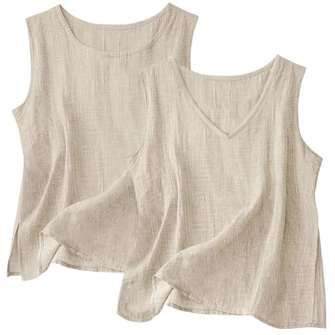 2 Pack Tank Tops for Women UK, Ladies Summer Cotton Linen Vest V-Neck and Crewneck Sleeveless T-Shirt 2 PCS, Lightweight Breathable Loungewear Solid Plain Casual Vests Cotton Linen Tank Tops