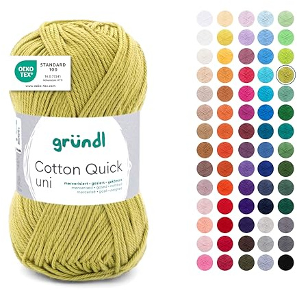 Gründl Wolle Cotton Quick uni - dünne Wolle zum Häkeln - Strickgarn - Häkelgarn - Glänzend und hautfreundlich - 100% Baumwolle - 1 Knäuel 50 g / 125 m - Nadelstärke 3-4 - Hellolive