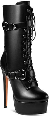 ANN CREEK 'Batian' Classic High Platform Mid Calf Boots Ultra High Stiletto Heels Lace Up Boots Faux Leather Round Toe Tie Up Boots Sexy Black Buckle Strap Thin High Heel Boots Black 12
