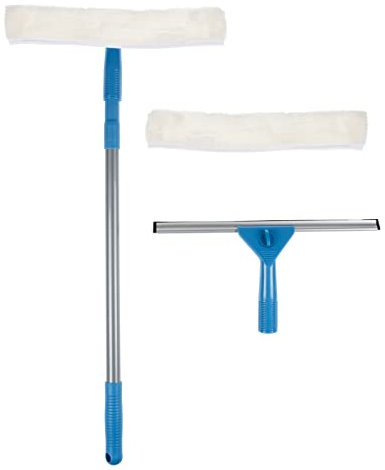Invero Window Glass Cleaning Kit - Microfibre Washer Pads, Rubber Squeegee, Pole with Extendable Handle - Ideal for all Windows, Shower Screens, Patio Doors, Offices and more - Extends to 40-Inch