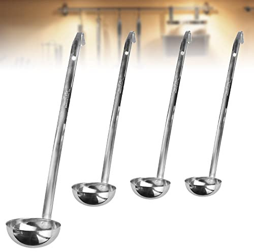 TANCUDER 4 Pezzi Set di Mestolo da Minestra in Acciaio Inox Cucchiaio Grande da Salsa Mestolo da Cucina con Manico Lungo Mestolo Cromargan Metallico per Brodo, Fonduta e Zuppa - Argento, 1~4 oz