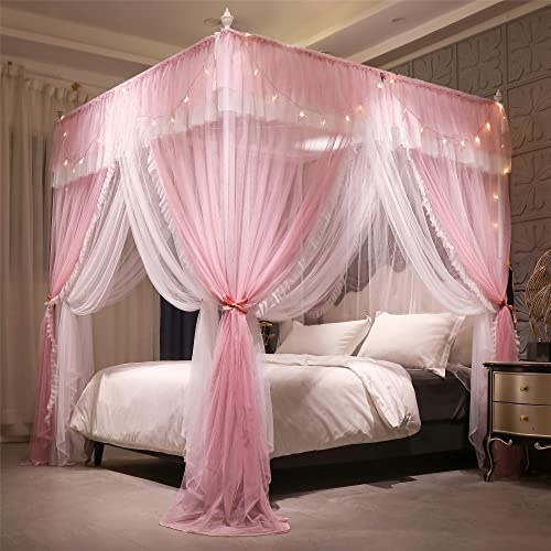 VETHIN 4 Corners Post Ruffle Princess Bed Canopy Curtain-Double Layer Cozy Drape Netting 4 Opening Mosquito Net for Girls Adults Bedroom Decoration (Pink/Whtie, 47 W*78 L*82 H/Twin)