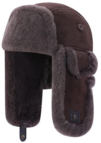 Harssidanzar lammskinn shearling vintermössa för män och kvinnor äkta läder, trappermössa, pilotmössa, hatt med öronlappar CU603EU, BRUN, XL