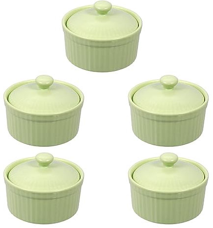 JTBDWOSK Stampi per Soufflé Porcellana Creme Brulee Stampi per Casseruola Stampi per Soufflé Budino Muffin Stampi Teglia Dessert Ciotola Portata Coperchio Fondenti Dessert Cupcake 5 Pezzi,Verde