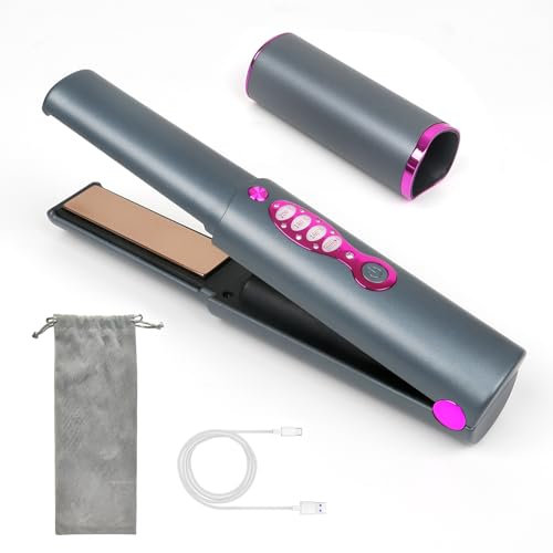 Kabelloser Haarglätter und Lockenwickler, 2-in-1 Kabelloses Glätteisen Mini Tragbares Reise Hlätteisen, 3 Ainstellbaren Temperaturen, Wiederaufladbares, Schnelles Aufheizen, Verbrühungsschutz