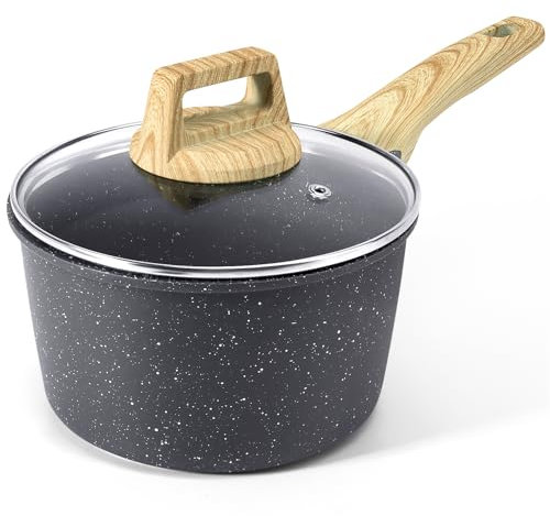 GiPP Casseruola da 16 cm, piccola casseruola a induzione, con coperchio, rivestimento antiaderente in granito, manico in legno, pentola da 16 cm, per induzione, senza PFOA (grigio, 16cm)