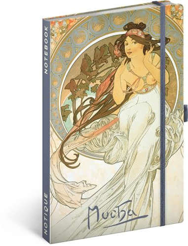 NOTIQUE Anteckningsbok linjerad med gummiband 13 x 21 cm ca. A5, designer hård anteckningsblock, anteckningsbok, dagbok för vuxna, kvinnor (Alphonse Mucha-musik)
