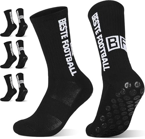 BESTE FOOTBALL SOCKS 3 Paia Calze Antiscivolo Calcio per Uomo Donna e Bambino, EU 43-46 Calzini Grip Calcio per Yoga, Soccer, Tennis, Basket, Corsa, Nero