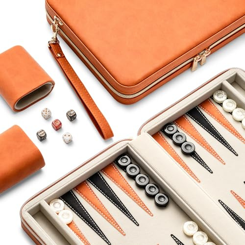 Lingle Backgammon Sets for Adults, Classic Board Game with Folding Faux Leather Backgammon Case, Portable Travel Backgammon Game Set (Orange)
