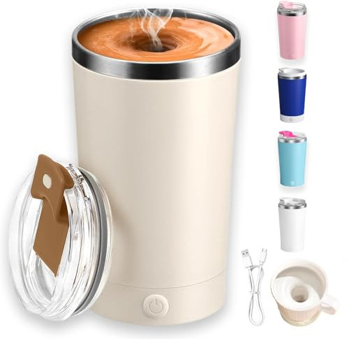 Jukestarz Self Stirring Mug with Lid, 13.5oz Magnetic Stirring Coffee Cup, Rechargeable 316 Stainless Steel, Auto-Mixing for Coffee, Milk, Protein Powder（Beige）