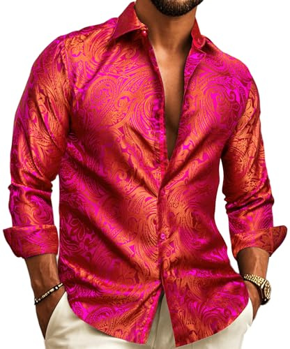 Barry.Wang Chemises pour hommes en soie de luxe à motif cachemire Grandes et grandes à manches longues Chemise d'affaires pour mariage et fête Rouge Noir S-3XL, Rouge/or, S