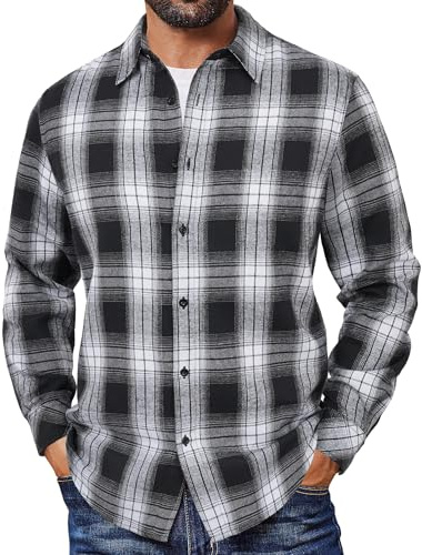 COOFANDY Mens Flannel Shirts Long Sleeve Plaid Button Down Shirts Casual Cotton Shirts Black/White