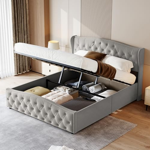 BSMGSGN Säng med förvaring 160 x 200 cm, vadderad dubbel säng med gaslyftsystem, vågig design i sammet, stort förvaringsutrymme, grå (grå-A, 160 x 200 cm)