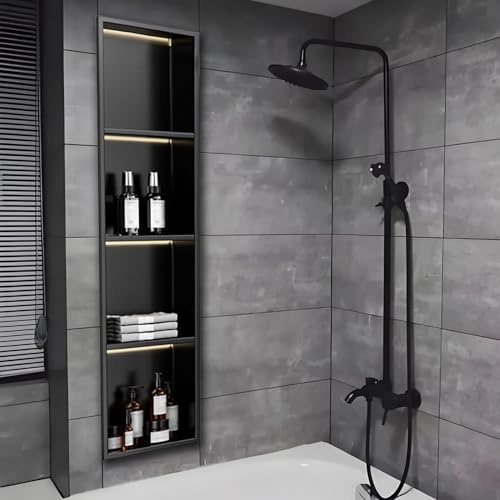 Cabezal de ducha de acero inoxidable negro mate con luz, fácil de instalar, no necesita azulejos, diseño empotrado para baños modernos sobre montaje