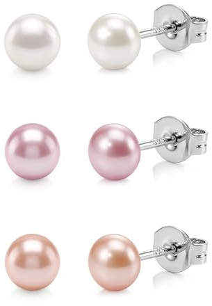 Orazio 3 Paar Ohrstecker Silber 925 Perlenohrringe Antiallergische Ohrringe Set Süßwasserperlen Ohrringe Damen Perlen Ohrstecker Perlen Schmuck Set Damen 5MM