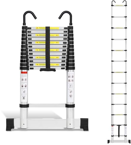 Joparri Échelle télescopique en aluminium de 3,8 m - Échelle extensible avec stabilisateur et crochets amovibles - Antidérapante - Multifonction - Charge maximale : 150 kg