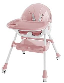 Chaise Haute Bébé 6 en 1 Rose - Multifonction, Plateau, Roues et Fonction Bascule - Siège Évolutif pour Bébé 6M-3Ans