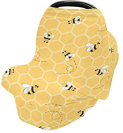 YYZZH Cute Bee On Honey Yellow Honeycomb Pattern Stretchy Baby Car Seat Cover Infant Canopy Nursing Covers Breastfeeding Cover Breathable Windproof Winter Scarf for Boys Girls