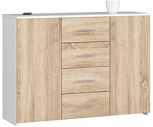 AKORD Kommode K45 110 cm | mit 2 Türen und 4 Schubladen | Schrank | für das Wohnzimmer | für das Schlafzimmer | B110 x H80 x T35 cm | Gewicht 48,00 kg | Weiß/Sonoma Eiche