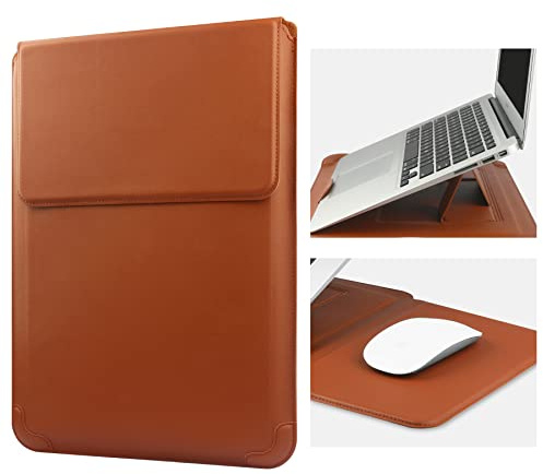 HoYiXi 14 Inch Laptop Sleeve Case Leather Bag with Stand Compatible with Mac Book Pro 14 2021/ASUS Vivobook 14/HP Pavilion X360/IdeaPad 14/Dell HP ASUS Acer Huawei Matebook 14'' PC, Brown