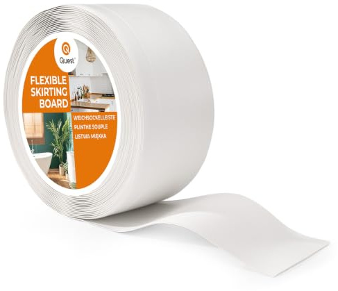 Quest Mjuk Golvlist, Mjuk Sockellist utan tejp – 100 mm x 25 mm – avslutningslist, bred böjbar list – för väggar, golv – PVC, flexibel, vattentät, dekorativ. (Vit, 20m)