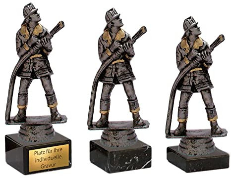 eberin – Feuerwehr Pokal Trophäe Award – in 3 Größen – Altsilber/Gold Resinfigur auf Marmorsockel – FFW Siegerpokal mit Wunschgravur – Perfekt für Auszeichnungen und Events