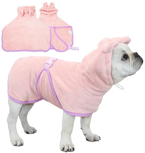 Fnaobai Pet Bathrobe for Dog Cat Absorbently Quick Drying Coat Cute Dogs Bath Towel Hooded Robe Adjustable Collar & Belly Strap for Pool Beach (Pink, X-Small)