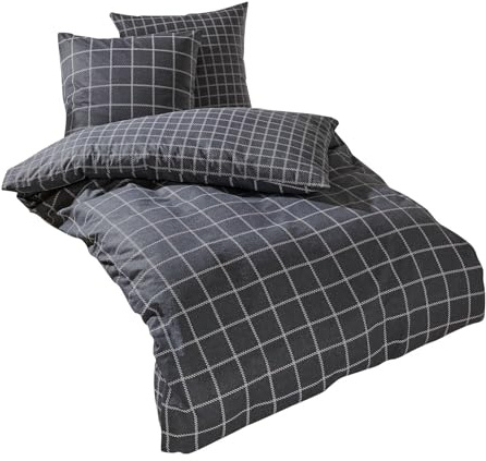 Traumschlaf Feinflanell Bettwäsche Oslo Graphit – Winterbettwäsche aus 100% Baumwolle – weich, flauschig & temperaturausgleichend – modernes Karodesign – mit Reißverschluss – 135x200 cm + 80x80 cm