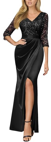 MIUSOL Women's Vintage Lace Sequin Insert Contrast Wrap Ruched Split Hem Satin Evening Party Formal Long Dress (Medium, Black)