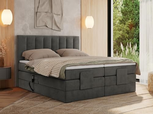 MKS MEBLE Boxspringbett 160x200 elektrisch verstellbar 7-Zonen Taschenfederkern Matratze und Topper Bett 160x200 mit Motor Polsterbett Motorbett - Comforto - Dunkelgrau Velvet - H3