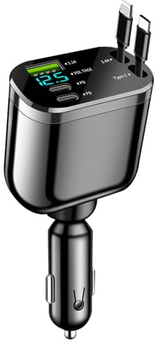 5-i-1 cigarettändare USB C billaddare, infällbar 12 V/24 V billaddare adapter mobiltelefon snabbladdare billaddare billaddare kompatibel med iPhone, Samsung Galaxy, Google Pixel