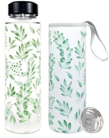 PAPU Glasflasche 1 Liter,5,5 cm Weithals Wasserflasche Glas,1000ml Auslaufsichere Trinkflasche mit Eukalyptus-Schutzhülle & Edelstahl Sieb,BPA-frei,Kohlensäure Geeignet Glass Bottle für Sport,Büro