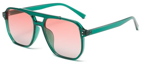 Long Keeper Gafas de Sol Piloto para Mujer Hombre Retro Gafas de Sol Cuadradas Vintage Años 70 Gafas de Doble Puente Piloto Clásicas UV400 Protección (Montura Verde - Lentes Rosa Degradado)