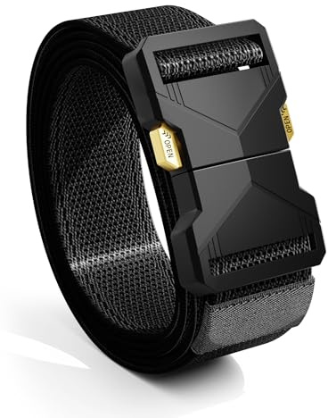 Enjoior Men’s Tactical Work Belt – 1.5 Elastic Nylon Webbing, One-Hand Quick-Release Metal Buckle, No-Holes Trim-to-Fit EDC Duty Belt – Black (Medium, Fits Waist 30–42)