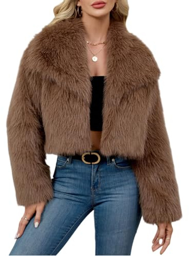 Generisch Damen Kunstpelz Mantel Kurzer Felljacke Faux Pelz Winterjacke Kunstfell Einfarbig Dicker Parka Wintermantel Übergangsjacke Braun S
