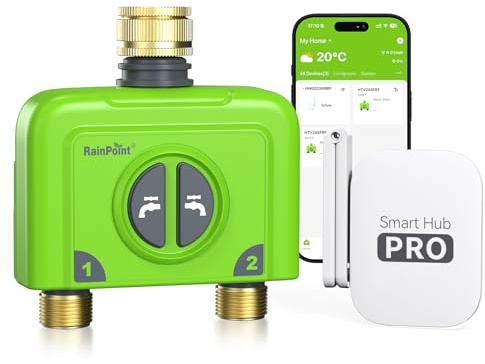 RAINPOINT Bewässerungscomputer WLAN 2 Ausgänge Messing EIN- und Auslass Smart Bewässerungsuhr Garten Auto Bewässerung mit Wetter-/Bodenbasierte, APP/Sprachsteuerung, 2x6 Zeitplänen(Antennen Gateway)