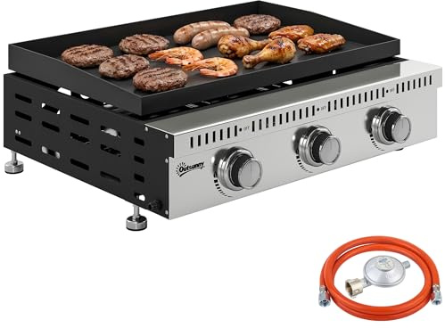 Outsunny Barbecue a Gas Portatile a 3 Bruciatori da 9 KW in Acciaio Inox, Griglia BBQ a Gas Propano da Tavolo con Vaschetta Raccogli Grasso, Regolatore, per Giardino Balcone Campeggio Picnic, Nero