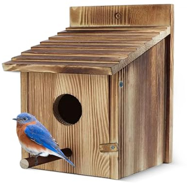 Bird Box 22 x 17 x 17 cm, Bird House for Garden Nesting Box with Pole Large Wooden Hanging Birdhouse for Mockingbirds Hummingbirds Parrots Bluebirds