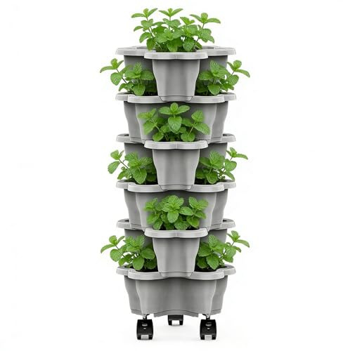 Generisch Torre apilable para plantas, jardín vertical de 6 niveles con n, plantador de resina multicapa para fresas vegetales, hierbas, sistema de bancal alto que ahorra espacio, para balcón, terraza