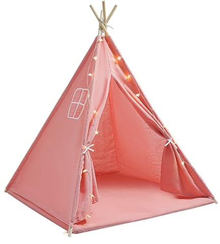Tente tipi pour enfant - Tente pour enfant - Tapis lumineux - Tente de jeu pliable - En toile - Pour l'intérieur et l'extérieur - 120 x 120 x 140 cm - Rose